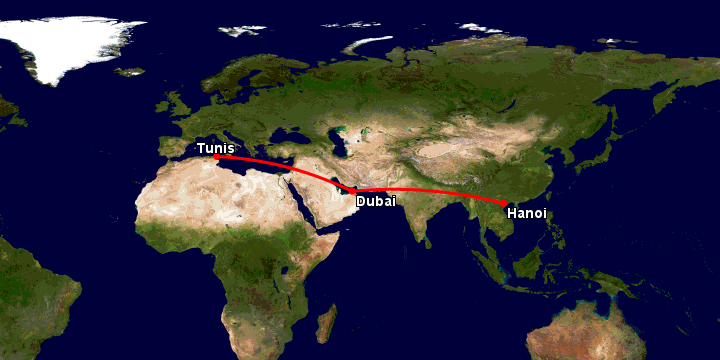 Từ thủ đô Hà Nội đến Tunisia là bao nhiêu Km?