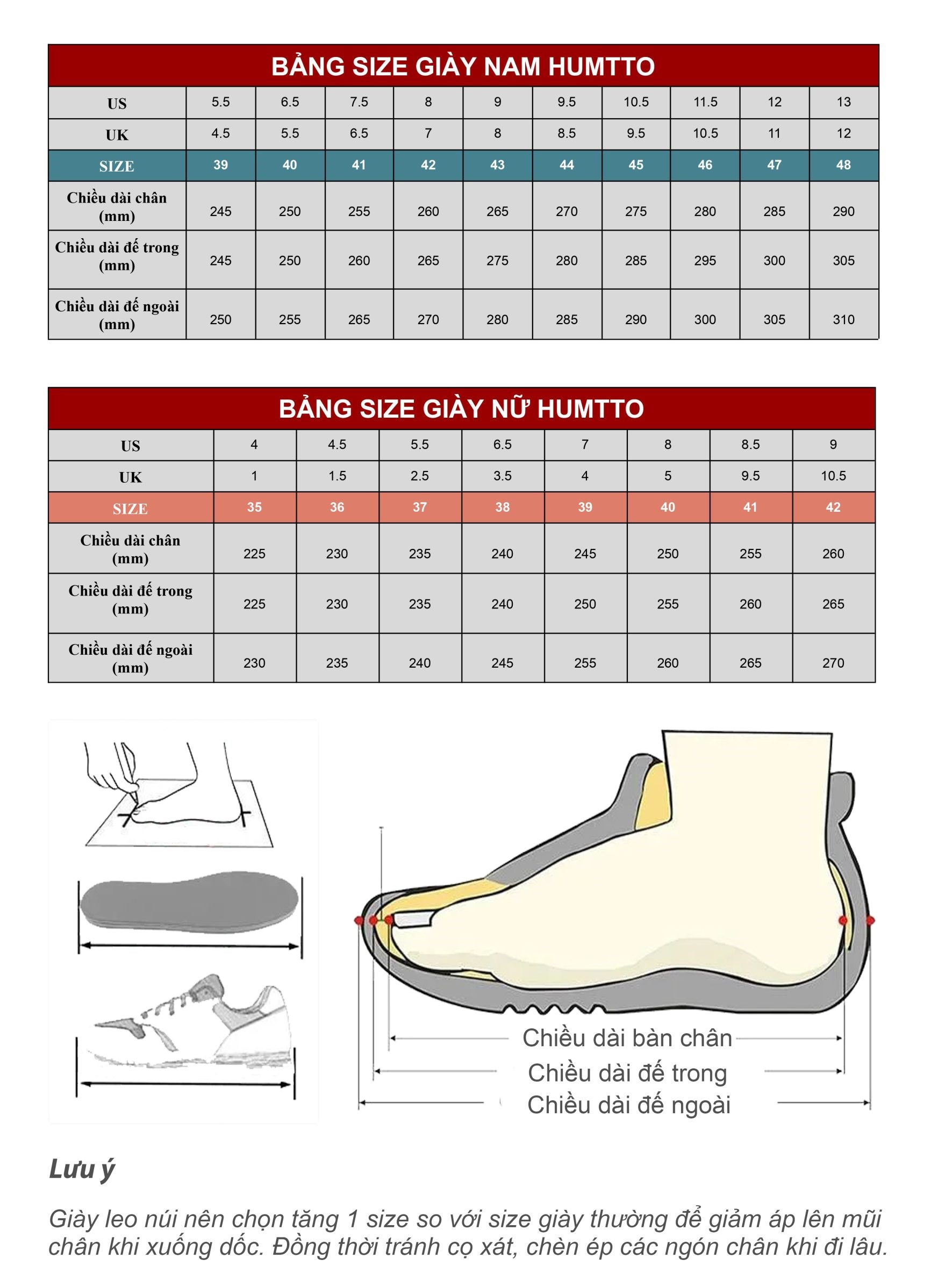 Bảng size giày Humtto Nam Nữ Hàn Quốc